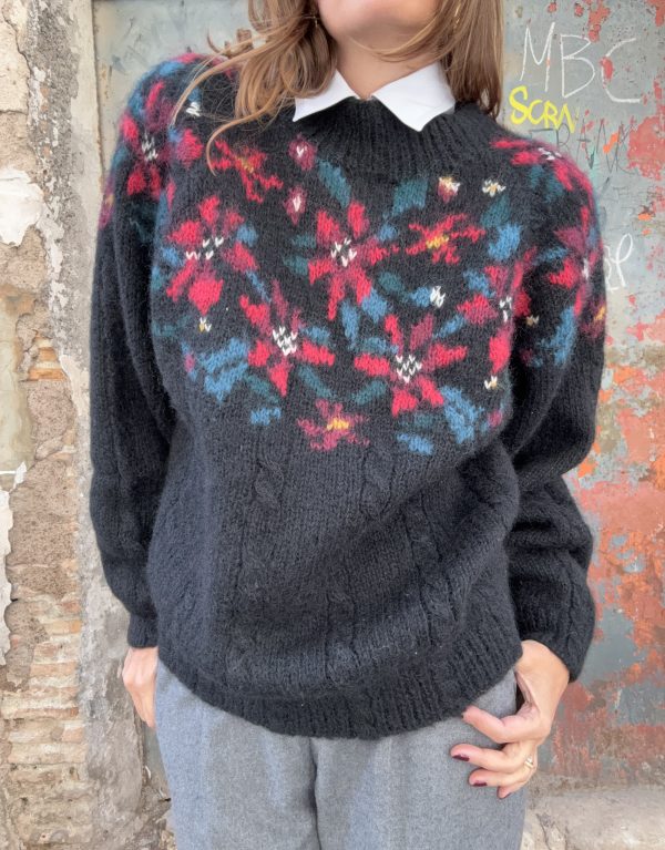 Maglione in lana nero con fiori – Taglia M/L